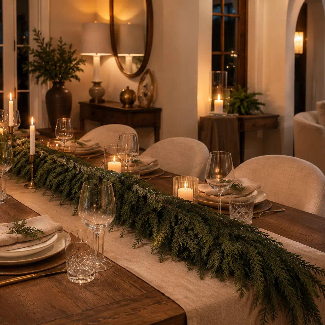 Cedar garland running down a candlelit dining table