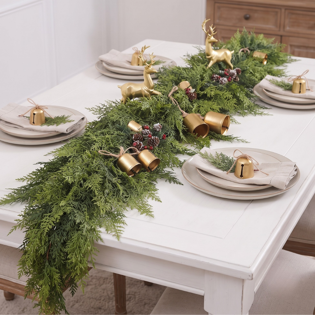 Cedar garland table runner with gold bells and brass reindeer
